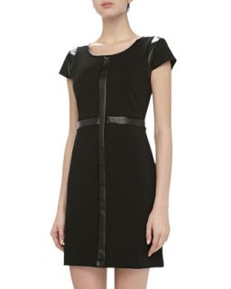 Shift Dress with Faux Leather Trim, Black