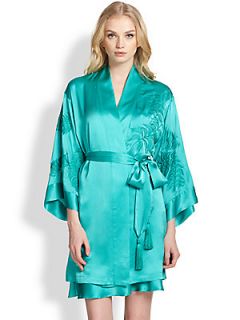 Josie Natori Embroidered Satin Kimono Robe   Turquoise