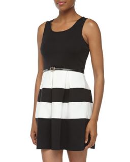 Ponte Striped Fit And Flare Dress, Black/White
