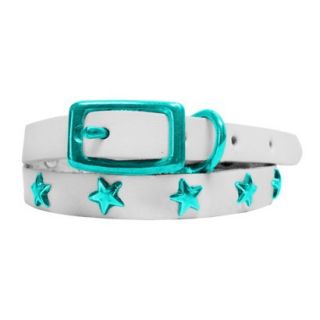 Platinum Pets White Genuine Leather Cat and Puppy Collar with Stars   Teal (7.