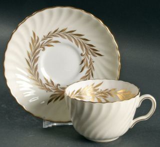 Minton Golden Symphony Flat Cup & Saucer Set, Fine China Dinnerware   Gold Leave