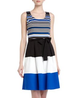 Mixed Stripe Fit And Flare Dress, Black/Cobalt Breeze