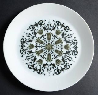  Meteor Salad Plate, Fine China Dinnerware   Black,Green/Gray Floral Scroll