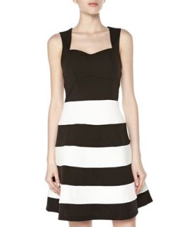 Striped Pique Fit And Flare Dress, Black/White