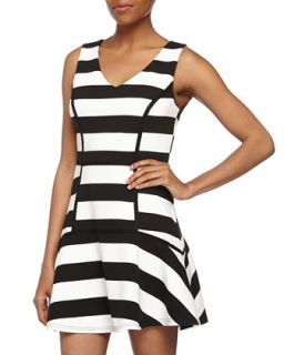 V Neck Fitted Stripe Jersey Dress, Black/White