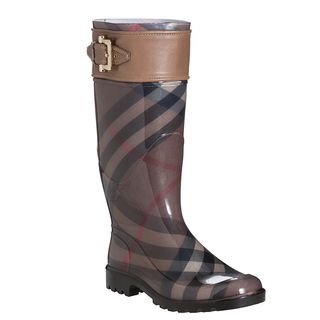 Burberry Womens Sterling Smoked Check Rain Boots (PVC and calf leatherToe shape RoundHeel height/type 1 inchPlatform height .5 inchShaft height 13 inchesCircumference 14 inchesWidth MediumLining InsulatedSole material RubberFootbed PaddedMade In 
