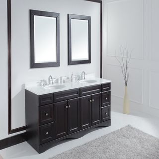 Espresso 60 inch Italian Ivory Carrera Marble Top Double Vanity With Mirrors