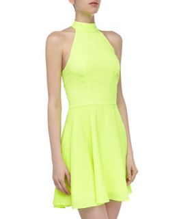 Open Shoulder Halter Neon Dress, Lemon Lime
