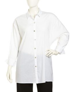 Extra Long Button Down Blouse, White, Womens
