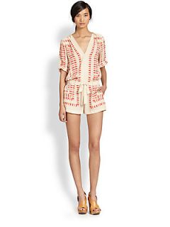 BCBGMAXAZRIA Belted Printed Short Jumpsuit   Powder Coral Combo