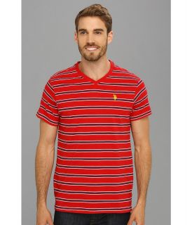 U.S. Polo Assn Short Sleeve Striped T Shirt with V Neckline Mens T Shirt (Red)