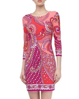 Long Sleeve Stretch Knit Tapestry Dress, Coral Multi