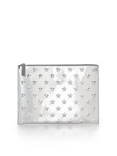 ELA Embossed Metallic Leather Star Pouch   Silver