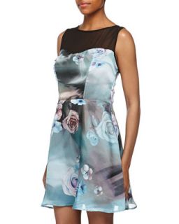 Floral Print Fit And Flare Charmeuse Dress, Blue Rose/Black