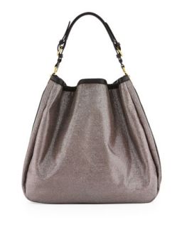 Noelle Shimmer Fabric/Leather Hobo Bag, Pewter