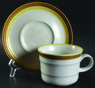 Mikasa Gold Dust Flat Cup & Saucer Set, Fine China Dinnerware   Tan&Yellow Bands
