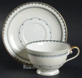 Meito Mei173 Footed Cup & Saucer Set, Fine China Dinnerware   Blue Laurel/Border