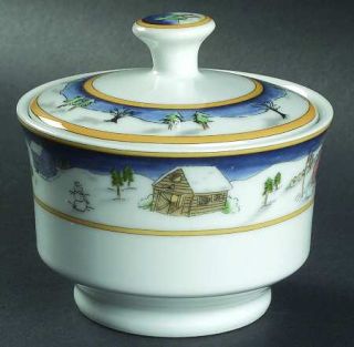 American Atelier Winter Village Sugar Bowl & Lid, Fine China Dinnerware   Blue S