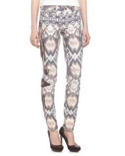 Ikat Print Embroidered Skinny Jeans, Brown