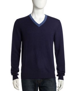 V Neck Colorblock Cashmere Sweater, Indigo/Gray