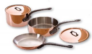 Mauviel 5 Piece Cookware Set w/ Cast Iron Handles, Wood Crate