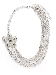 Multi Strand Flower Bib Necklace   Silver