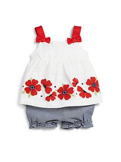 Hartstrings Infants Two Piece Eyelet Top & Chambray Bloomers Set   White