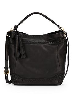 Whipstitched Leather Convertible Hobo Bag   Black