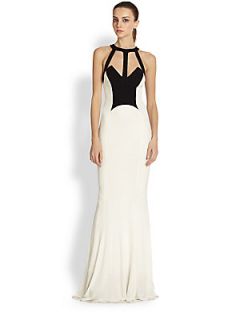ABS Caged Two Tone Jersey Gown   Ivory Black