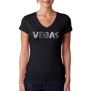 Los Angeles Pop Art Womens Las Vegas Black V neck T shirt (100 percent cotton Machine washableAll measurements are approximate and may vary by size. )
