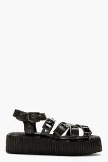 Underground Black Patent And Etched Leather Double Sole Sandals