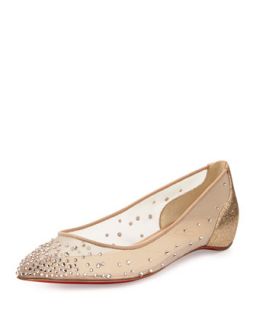 Womens Body Strass Pointed Toe Ballerina Flat, Poudre   Christian Louboutin
