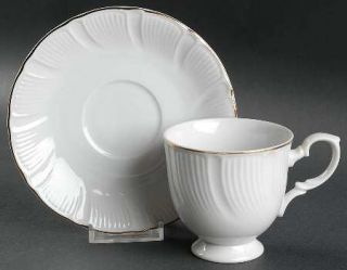 Mikasa Gold Star Footed Cup & Saucer Set, Fine China Dinnerware   Ribbed Border