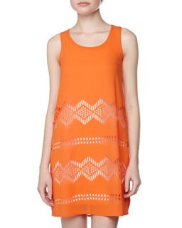 Geometric Laser Cut Chiffon Dress, Tangerine/White