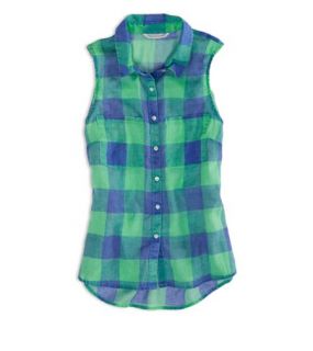 Green AEO Factory Sleeveless Plaid Shirt, Womens XXS