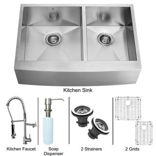 Vigo Industries VG15108 Kitchen Sink Set, Farmhouse Sink, Faucet, Two Grids, Two Strainers amp; Dispenser Stainless Steel